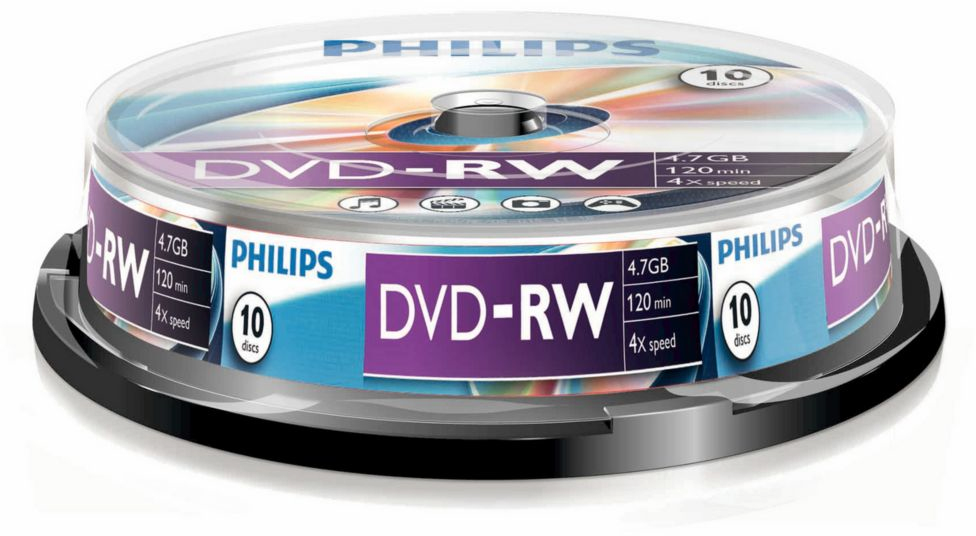 Een stapel DVD-RW-schijven in een transparante hoes.