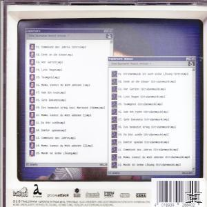 Rückseite einer CD: Text auf einem Computermonitor mit einer Titelliste.