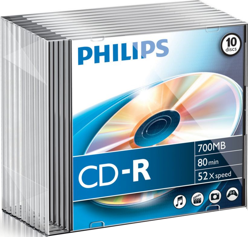 CD-R discs in a plastic case. The discs are silver with blue text and the Philips logo.