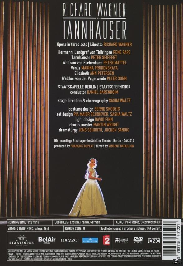 Rückseite einer DVD-Hülle für die Oper Tannhäuser. Enthält Besetzung und Credits, mit einer Frau im weißen Kleid auf der Bühne.