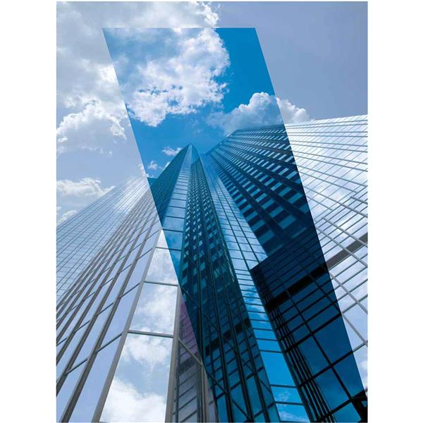 Tall glass skyscrapers against a blue sky with clouds. Buildings have reflective windows.