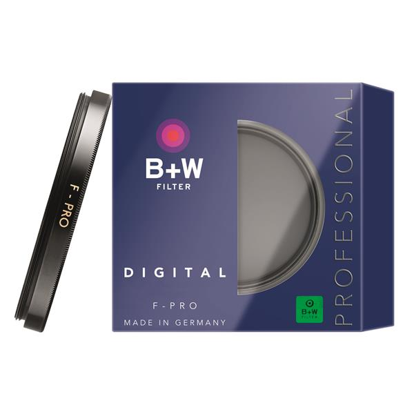 A B+W filter box and filter. The box is dark blue, with text 'B+W FILTER DIGITAL F-PRO' and a filter inside.
