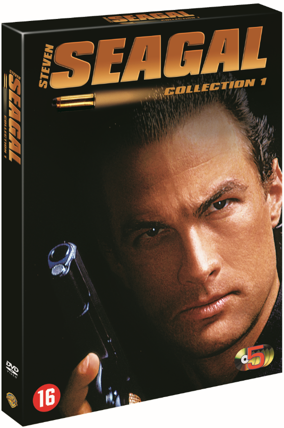 Boîtier DVD avec Steven Seagal sur la couverture, tenant une arme. Graphique de balle.