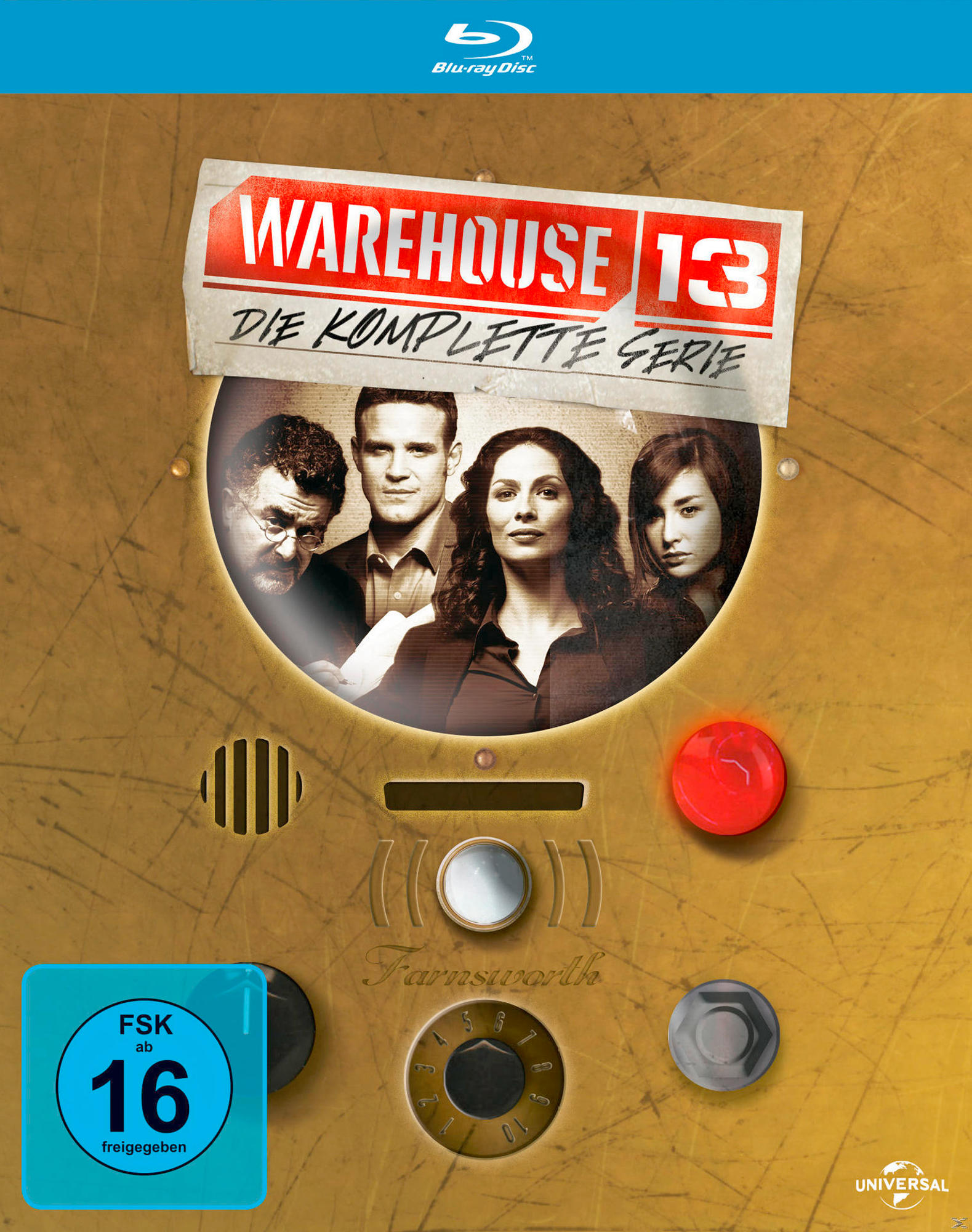 DVD-Cover von Warehouse 13 mit einer Gruppe von vier Schauspielern auf goldenem Hintergrund.