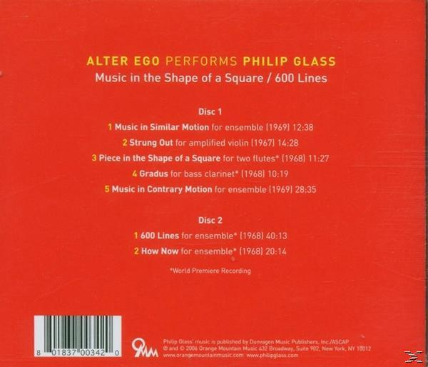 Roter CD-Cover mit weißem Text. Listet Musik von Philip Glass auf. Enthält Titellisten für zwei CDs.