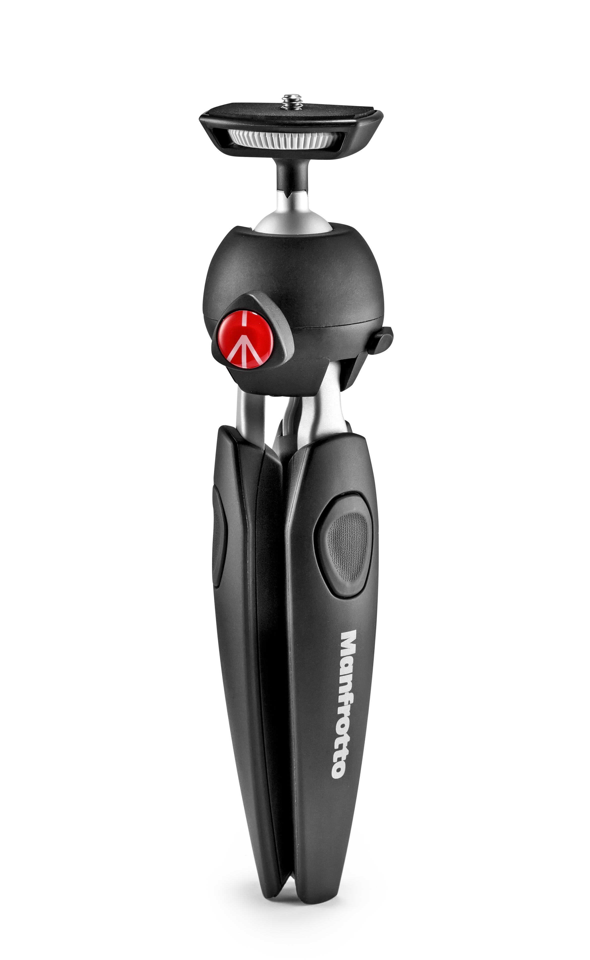 Schwarzes Mini-Stativ auf weißem Hintergrund, Manfrotto-Logo auf den Beinen sichtbar.