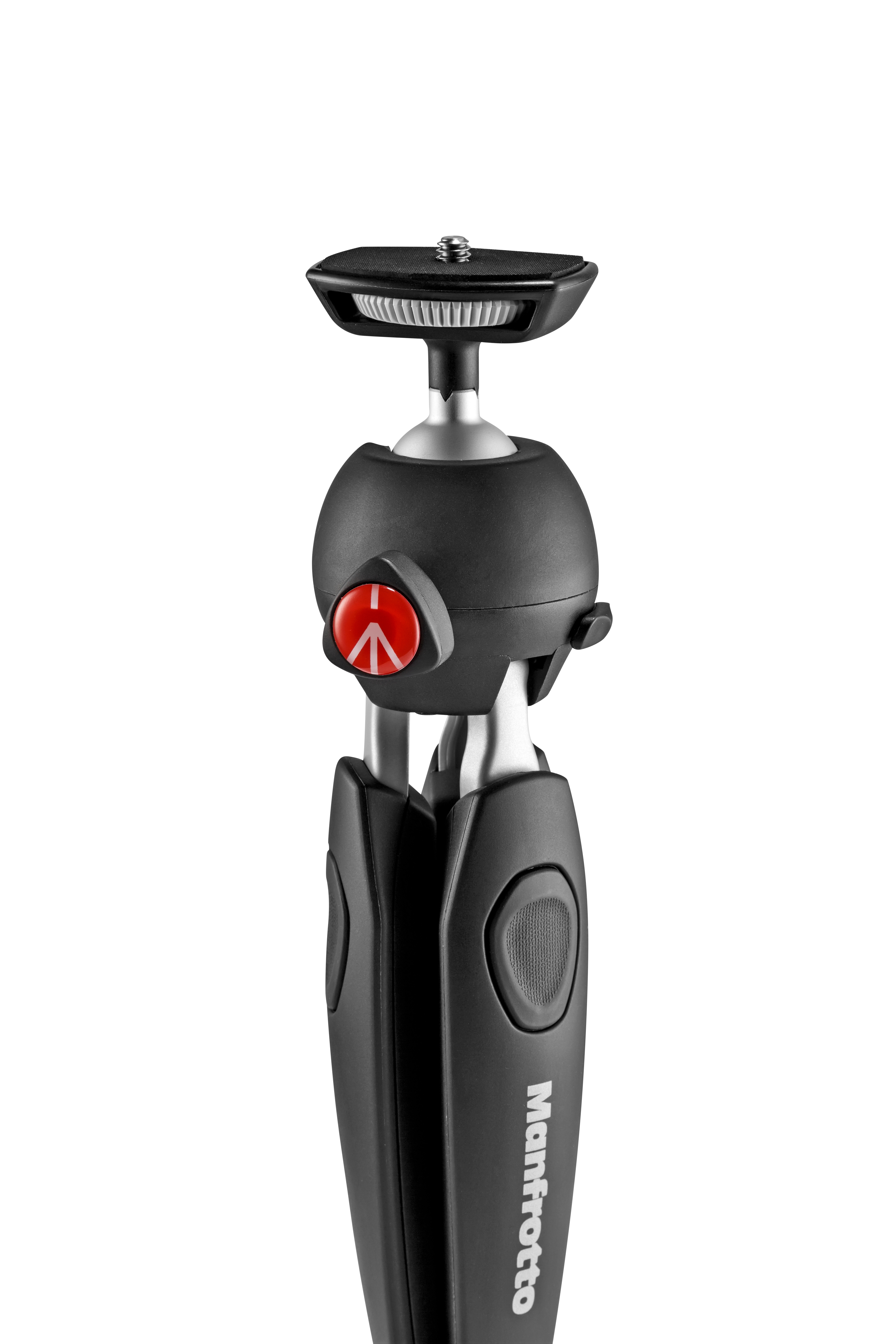 Ein schwarzes Manfrotto Mini-Stativ, ausgefahren. Das Stativ befindet sich auf weißem Hintergrund.