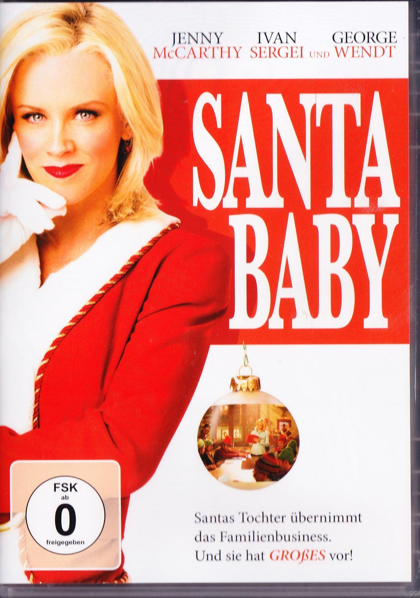 DVD-Cover mit einer Frau in roter Kleidung. Der Filmtitel lautet Santa Baby. Ein Weihnachtsschmuck ist zu sehen.