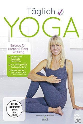 Yoga-DVD-Cover mit einer Frau in einer Yoga-Pose; grüner Text sagt 'Yoga'. Hintergrundtext enthält 'Balance'.