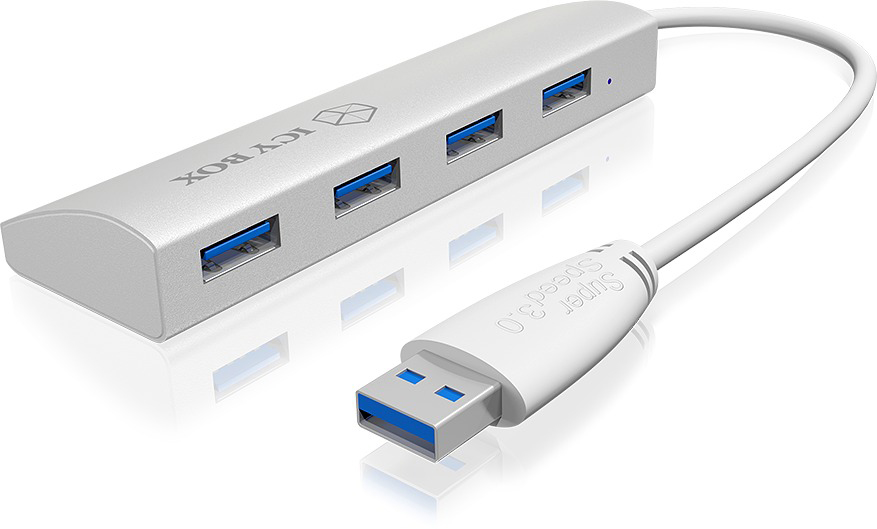 Hub USB argenté avec quatre ports, connecté à un câble blanc et une prise USB.