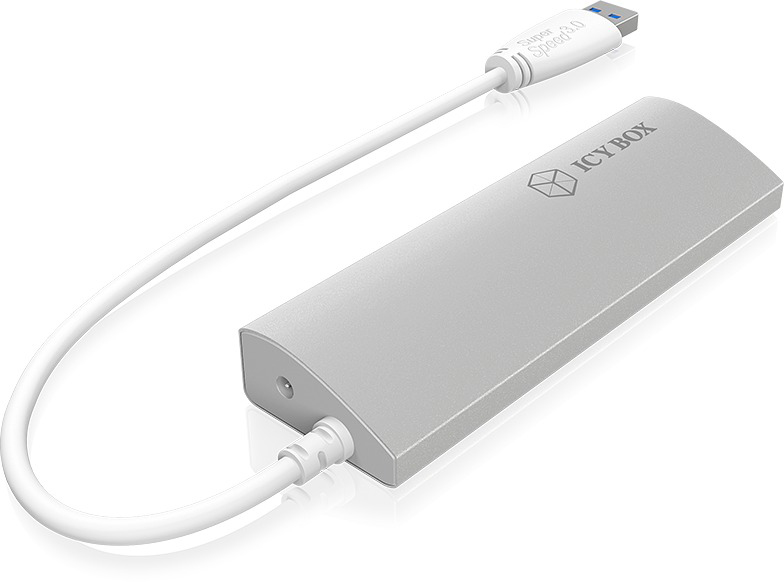 Adaptateur argenté Icy Box USB 3.0 vers SATA avec un câble USB blanc.
