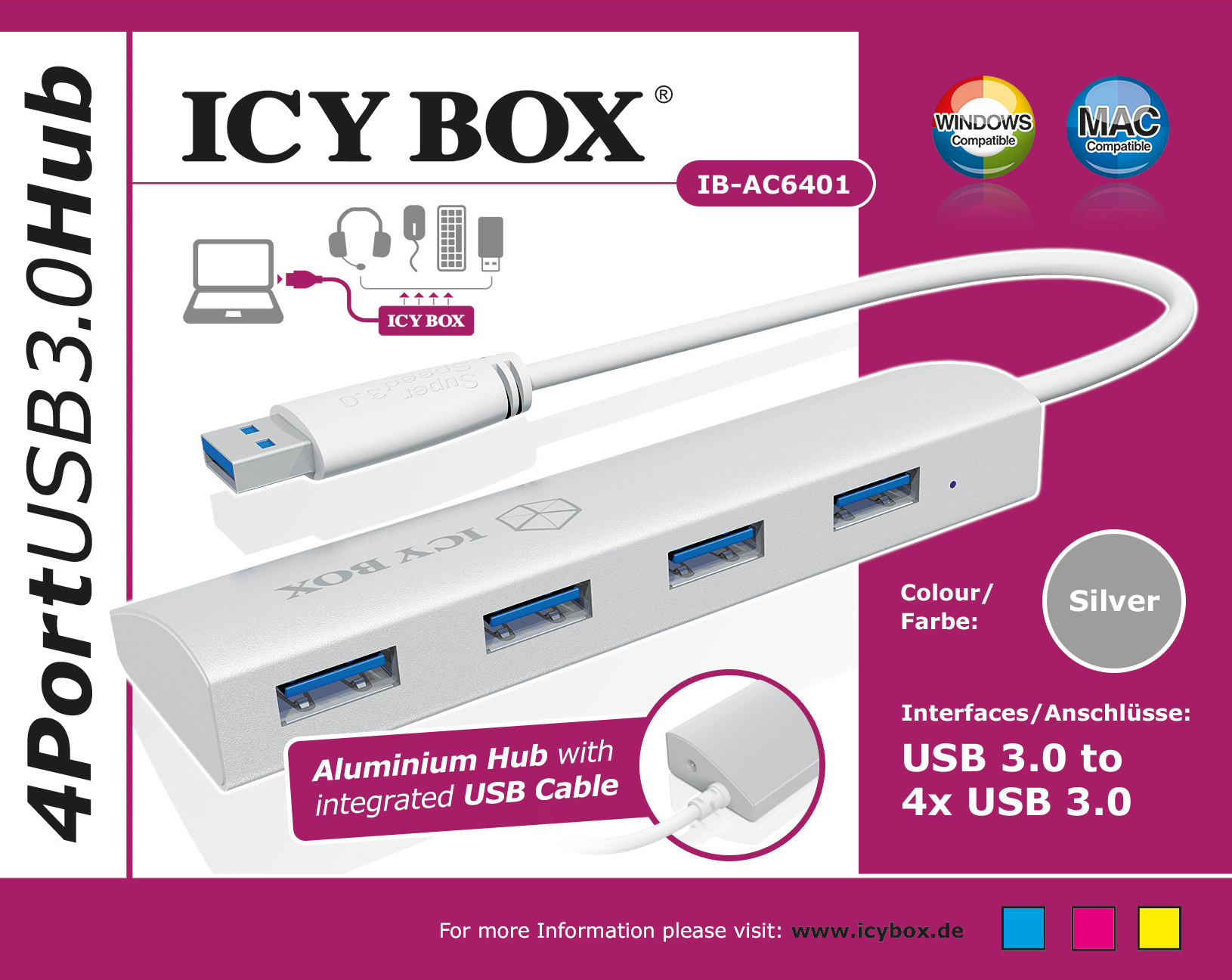 Hub USB 3.0 argenté avec 4 ports, câble USB blanc et logo 'ICY BOX', avec fond rose et bleu.