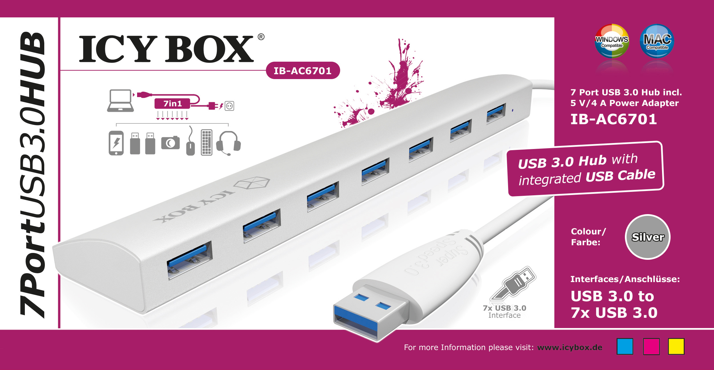 RAIDSONIC IB-AC 6701, USB 3.0 Hub, Weiß