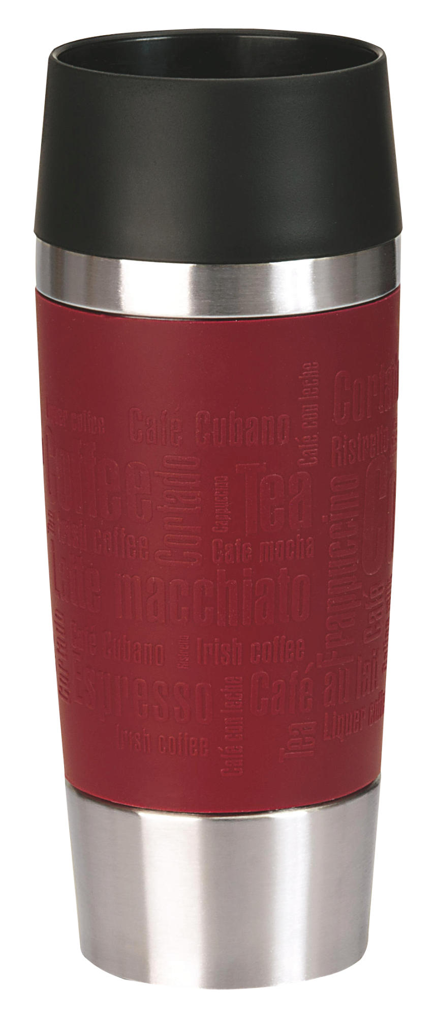 Roter Reisebecher mit schwarzem Deckel und silbernem Boden. Text um den Becher.