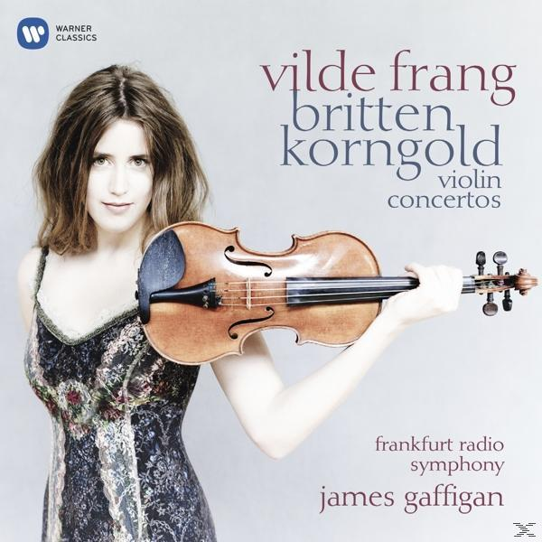 Album borítója egy nővel, aki hegedűt tart, a 'Vilde Frang' és 'Britten, Korngold' címmel.