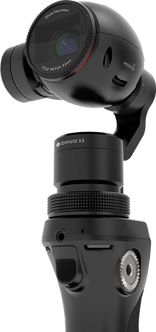 Black DJI Osmo camera with a lens and a handle. The camera is on a white background.
