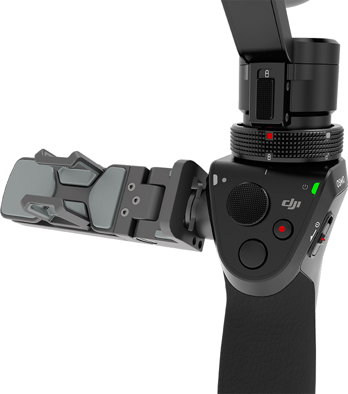 Black handheld stabilizer for a phone. It has multiple buttons and a phone mount.