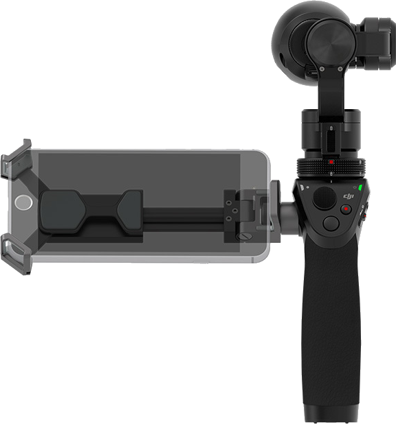 Black smartphone gimbal with a phone attached, held against a white background.