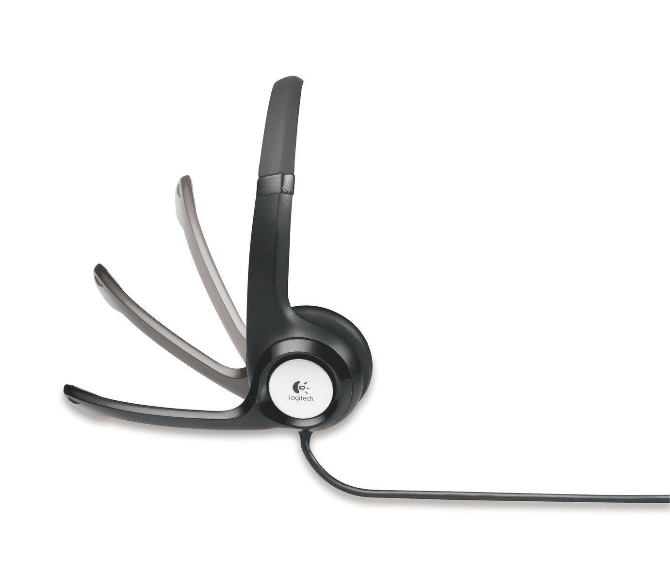 Logitech kulaklık, siyah, ayarlanabilir mikrofon kolu ile, beyaz arka planda.