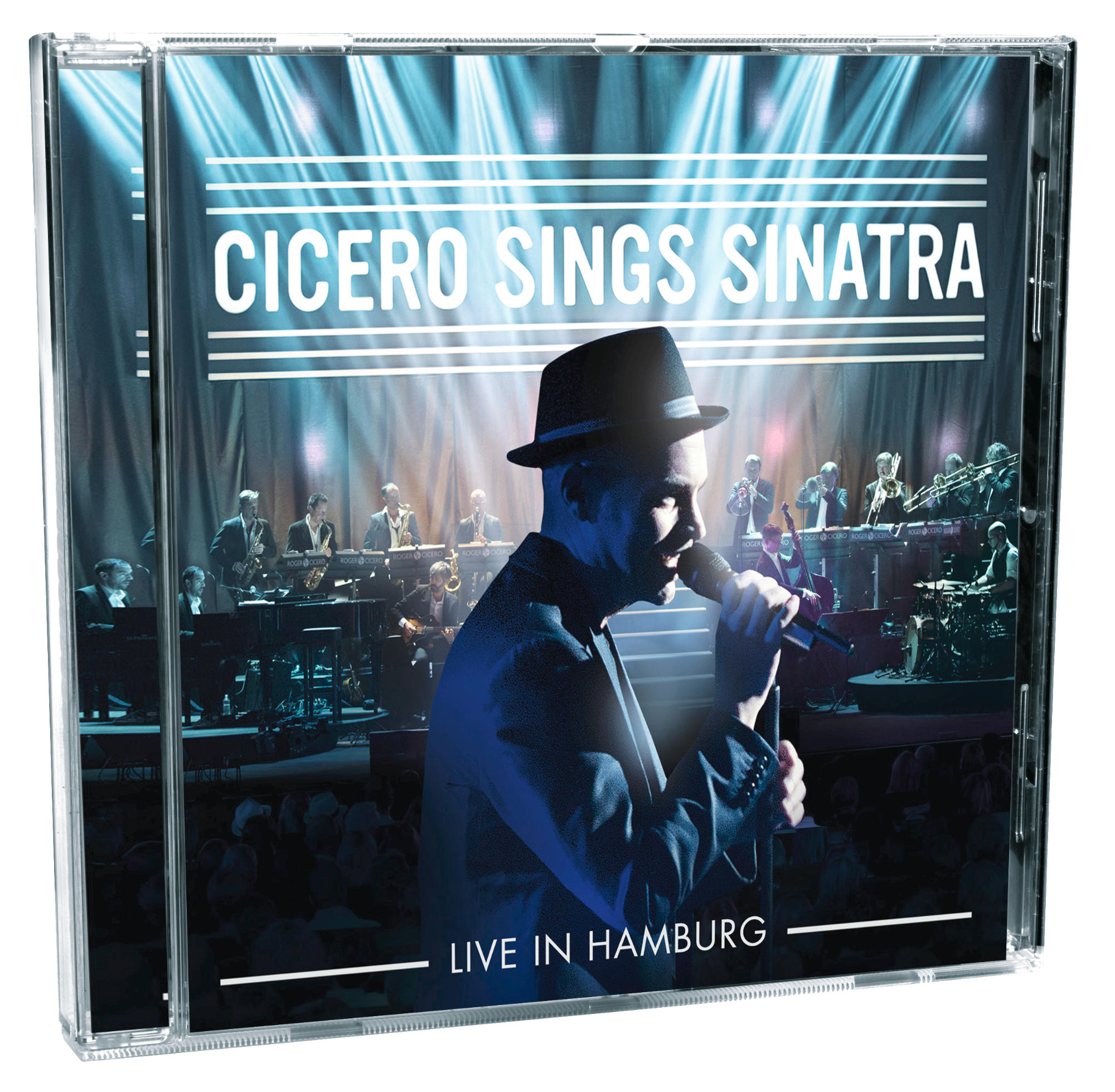 CD-Cover für Cicero Sings Sinatra, mit einem Mann, der mit einer Band auf der Bühne singt.