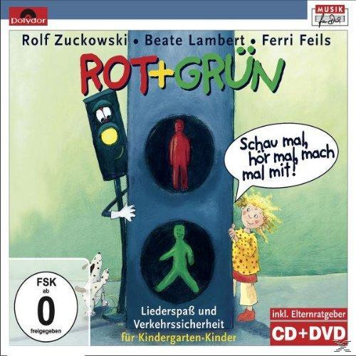 Zeichentrick-Ampel mit rotem Männchen. Text: Lieder Spaß und Verkehrssicherheit für Kindergarten-Kinder.