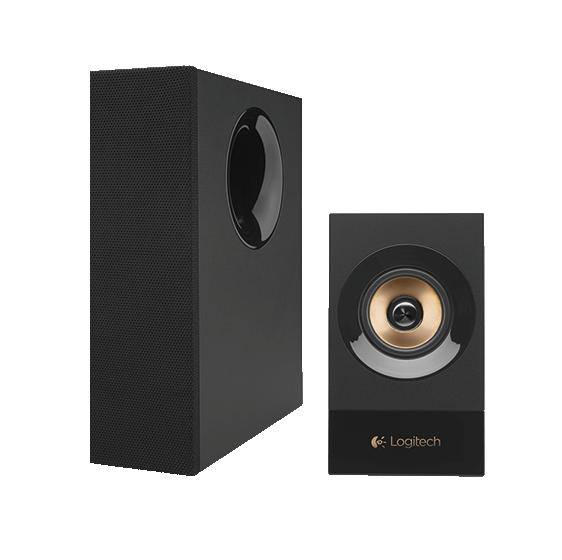 Siyah Logitech hoparlör sistemi. Sol tarafta bir subwoofer ve sağda logolu daha küçük bir hoparlör.