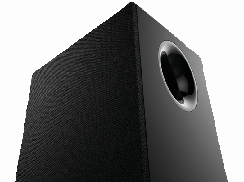 Siyah subwoofer hoparlör. Açılı görünüm, görünür bir hoparlör ve parlak bir yüzey ile.