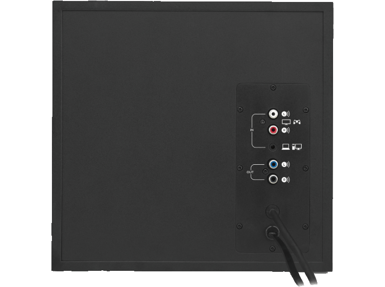 Giriş ve çıkışlara sahip siyah subwoofer arkası. Siyah güç kablosu bağlı. Beyaz arka plan.