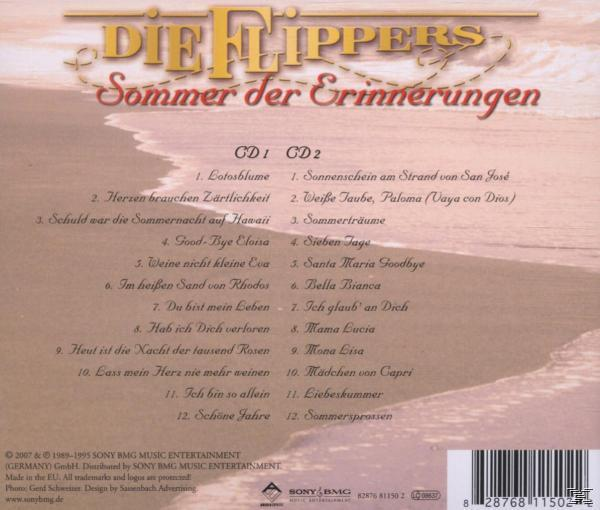 CD-Cover mit Titelliste und Titel 'Sommer der Erinnerungen' von Die Flippers, mit Strandszene.