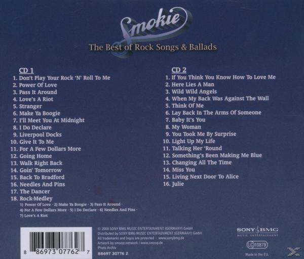 CD-Cover. Smokie-Logo. The Best of Rock Songs & Ballads. Titellisten. Ein blauer Hintergrund.