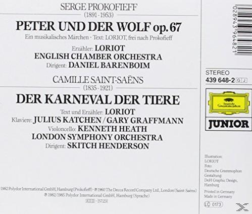 CD-Hülle mit Text, der Titel und Interpreten für Peter und der Wolf und Karneval der Tiere auflistet.