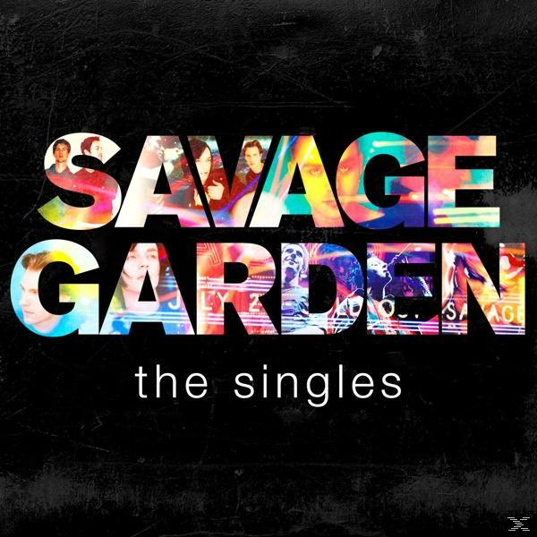 Albumcover für 'Savage Garden' mit Text in farbenfroher Schrift, Gesichter sind in den Text integriert.