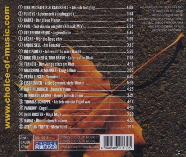 CD-Rückseite mit Titelliste, orangefarbenem Blatt und Text aus dem Album. Der Text ist auf Deutsch.