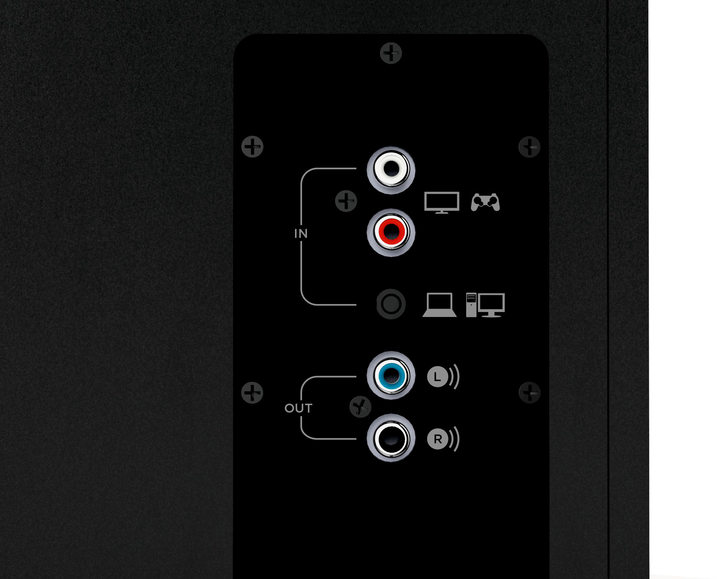 Pannello posteriore nero del sistema audio con connettori di ingresso e uscita.
