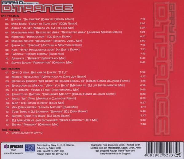Rotes CD-Case mit weißem Text. Listet die Tracks eines Dance-Musik-Compilation-Albums auf, das den Titel 'D Trance' trägt.