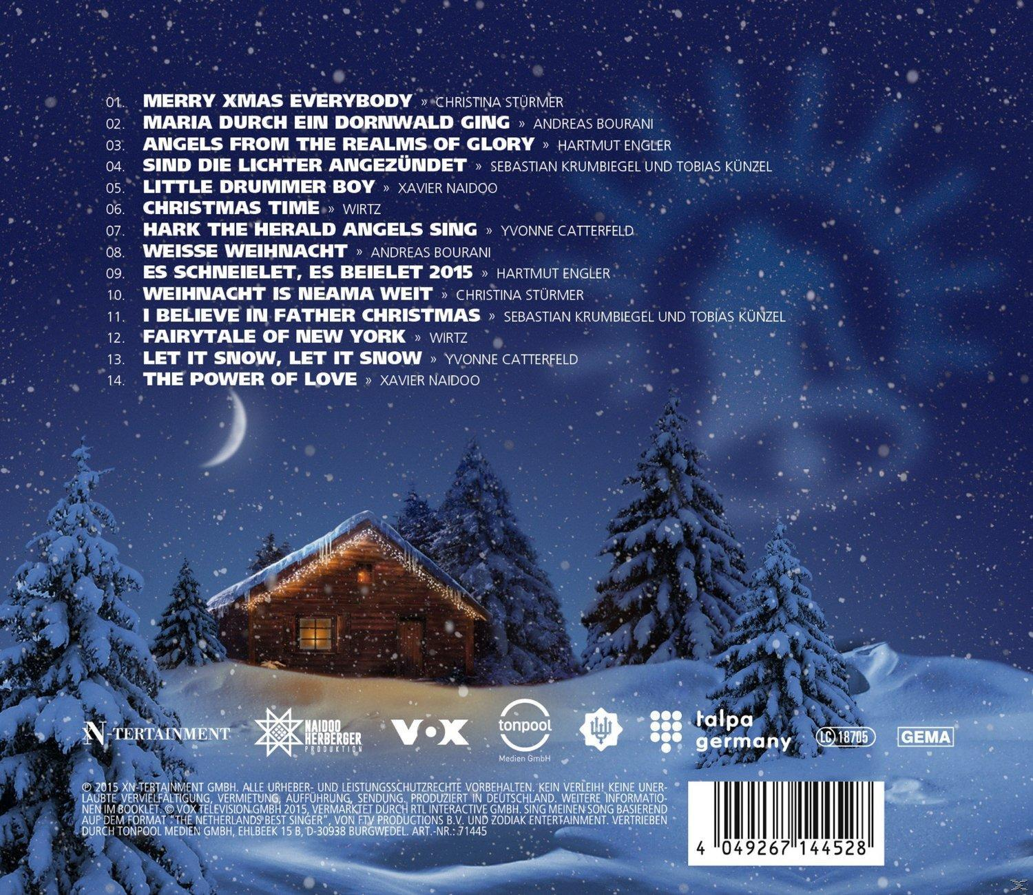 Weihnachts-CD-Cover mit Schnee, einer Hütte und Sternenhimmel, mit Songtiteln.