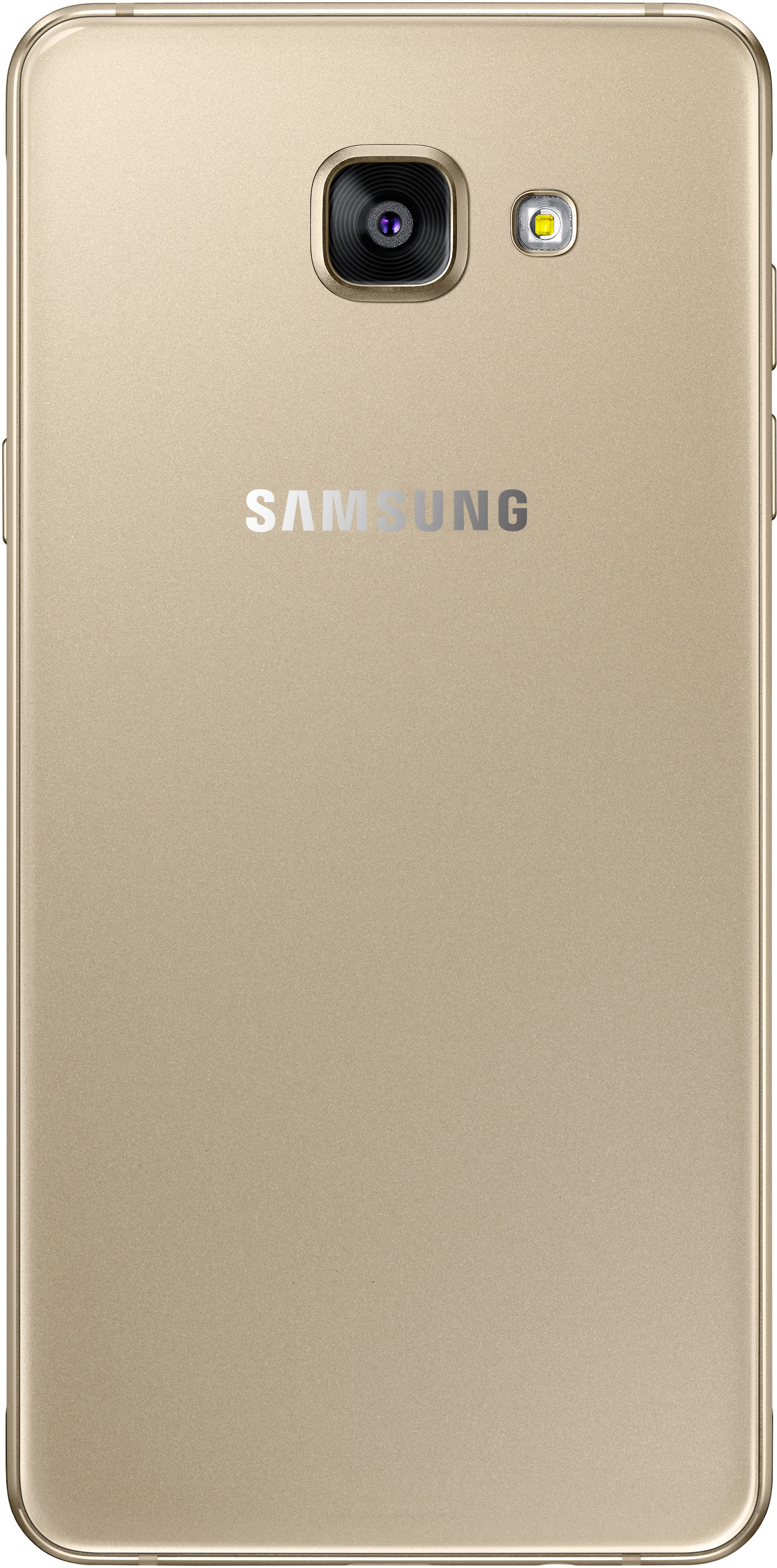 Ein goldenes Samsung-Telefon von hinten gesehen. Kamera und Logo sind mittig auf der goldenen Rückseite des Telefons.