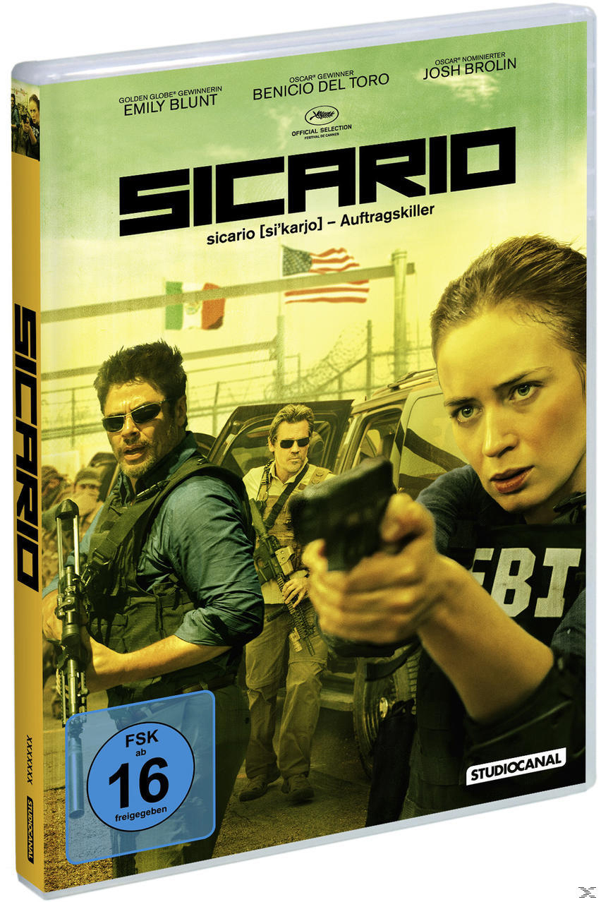 DVD-Cover von 'Sicario'. Schauspieler sind zu sehen. Der Filmtitel ist in Schwarz und Weiß.