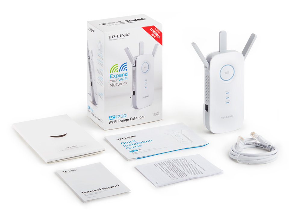 A white TP-Link Wi-Fi range extender with accessories, including box, manuals, and cable.