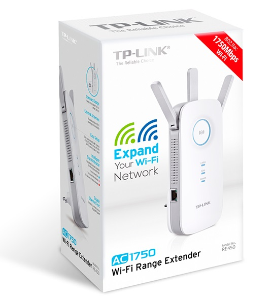 TP-Link Wi-Fi range extender box, white and blue, with three antennas.