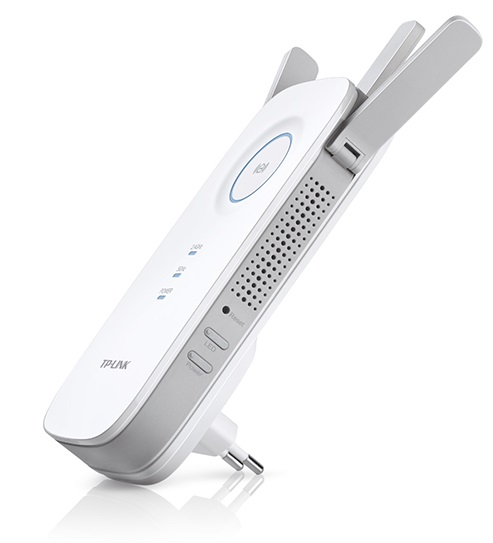 White TP-Link WiFi extender. The device has three antennas.
