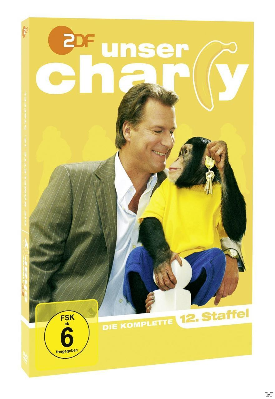 DVD-Cover: Mann und Affe, gelber Hintergrund, Titel 'Unser Charly'.