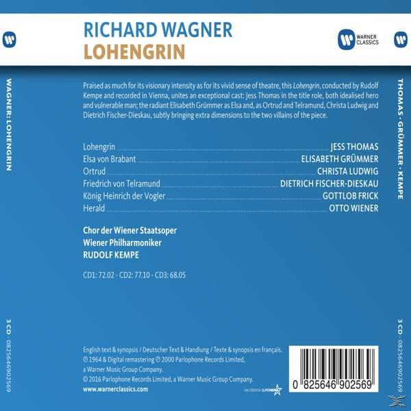 CD-Cover, Richard Wagner, Lohengrin. Text und Namen in Weiß auf blauem Hintergrund. Der Titel in großen goldenen Buchstaben.