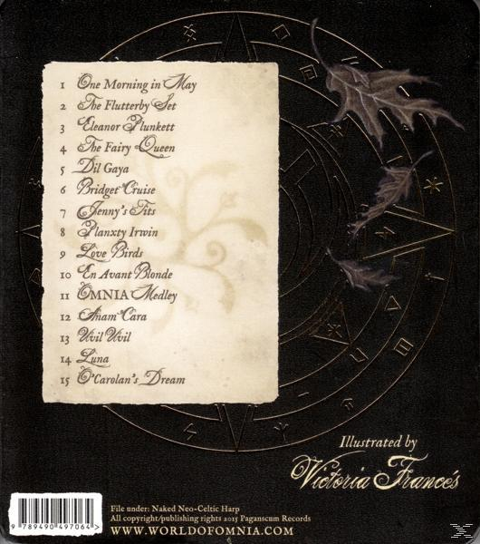 Rückseite eines Albums mit Titelliste, dunklem Hintergrund und dekorativem Design mit Blättern.