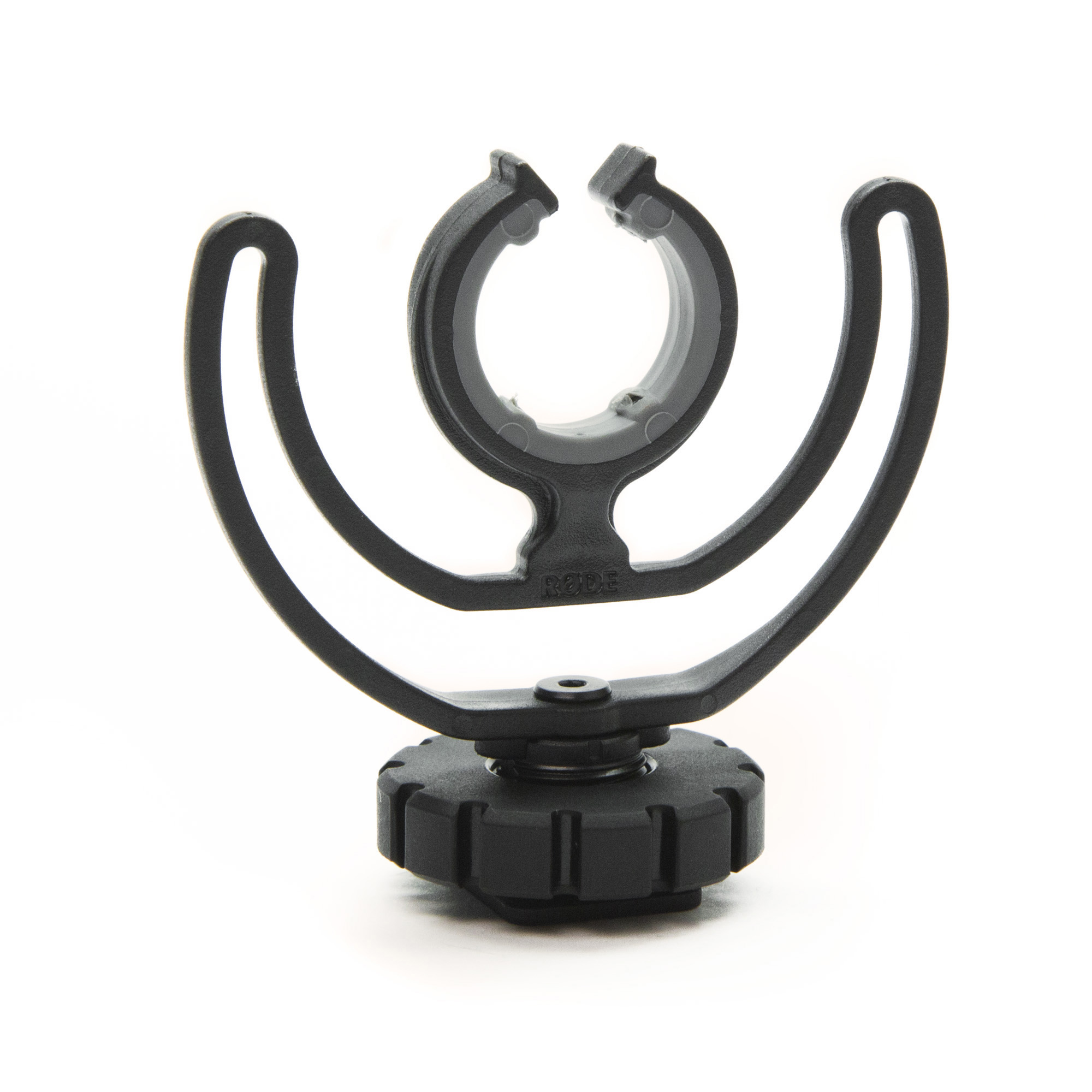 Schwarze Mikrofonhalterung auf weißem Hintergrund. Marke Rode.