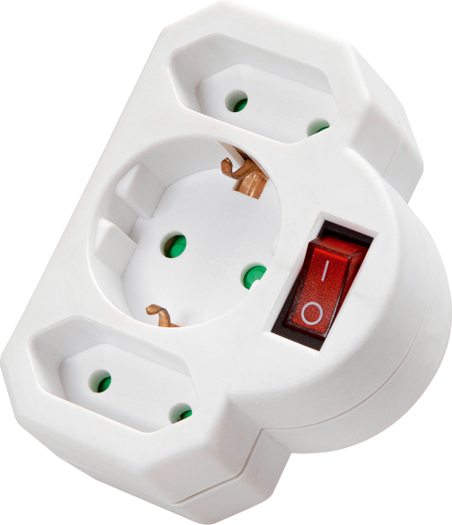 Ein weißer Stromadapter mit drei Steckdosen und einem roten Ein/Aus-Schalter.