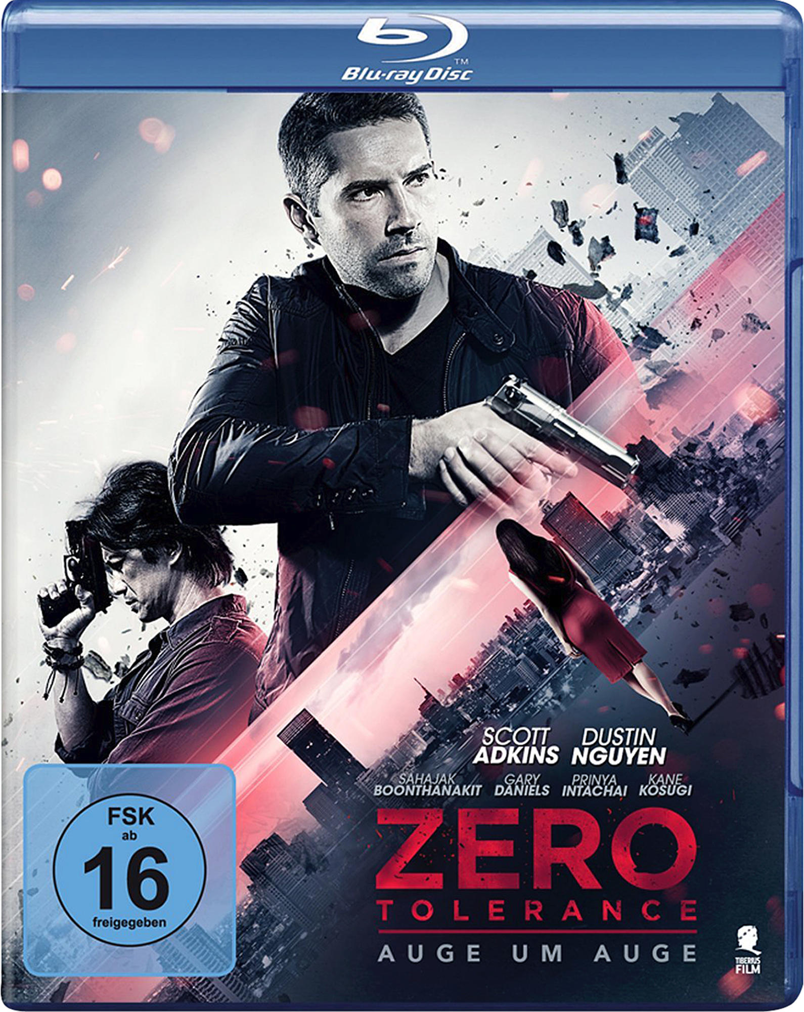 Blu-ray-Cover mit zwei Männern, die Waffen halten. Der Titel lautet 'Zero Tolerance' in Rot, mit Stadtbild.