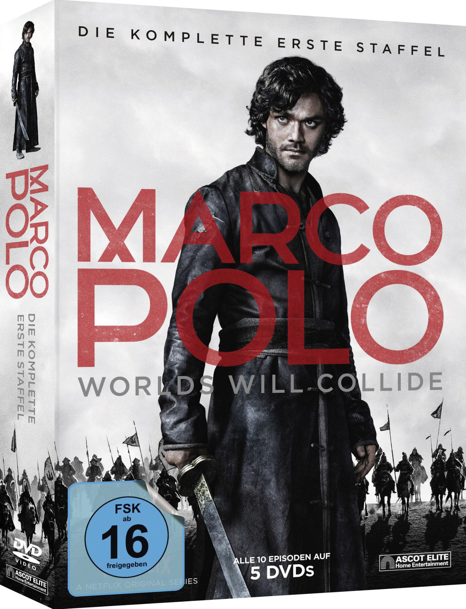 DVD-Box mit einem Mann in mittelalterlicher Kleidung. Text und ein Bewertungssymbol. Weißer Hintergrund.