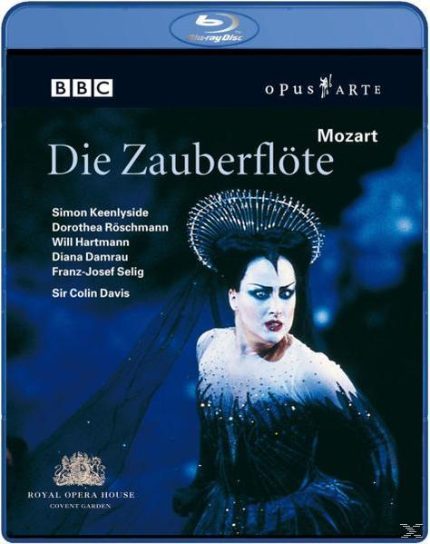 Blaue DVD-Hülle für Mozarts Die Zauberflöte, mit einem Darsteller in Kostüm und Text mit den Namen der Darsteller.