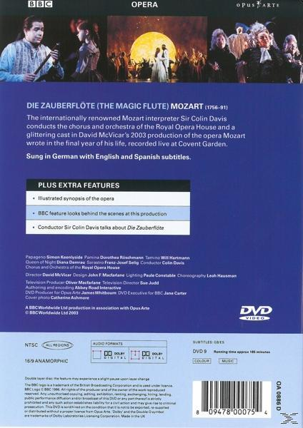DVD-Rückseite von Die Zauberflöte. Zeigt Credits, Text und Bilder. Opernszene im Hintergrund.